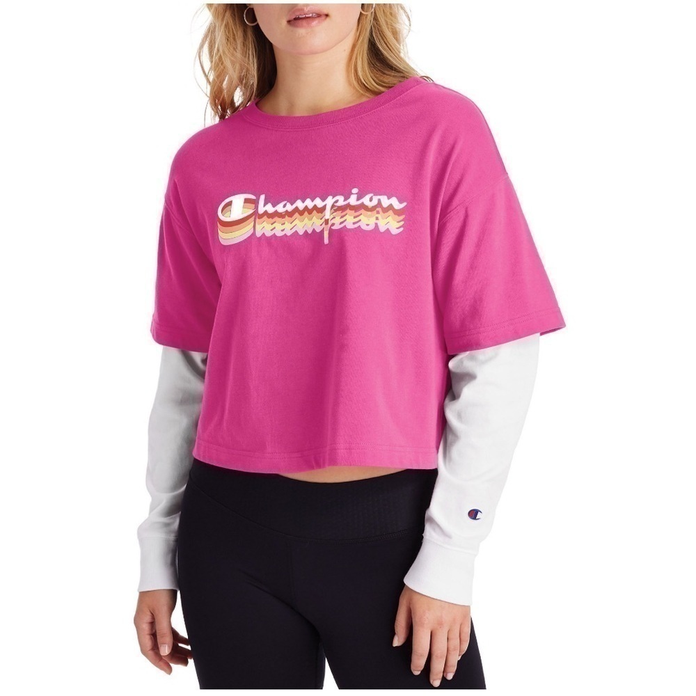 Champion Cropped Top Womens T Shirt Pink White Long Sleeve Size Large